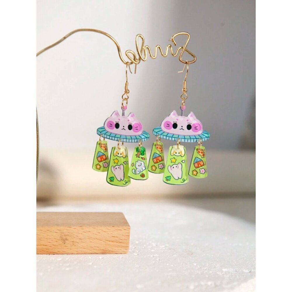 Funny Cute UFO Cat Pet Spaceship Acrylic Resin Drop Dangle Earrings For Women's
